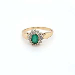 14K Yellow Gold Oval Emerald & 14 Diamond Halo Ring