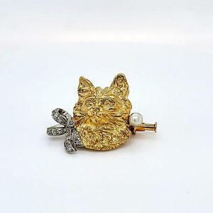 Vintage 18K Yellow Gold & Platinum Cat Brooch w/ 14 Old Mine Cut Diamond Bow & 1 Pearl