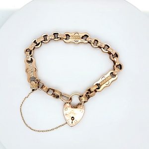 Antique 9K Yellow Gold 7″ Ornate Link Bracelet w/ Heart Clasp