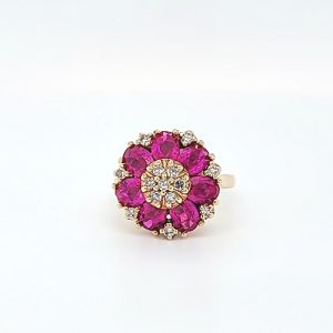 14K Yellow Gold 7 Created Pink Sapphires & 14 Diamond Accent Floral Ring