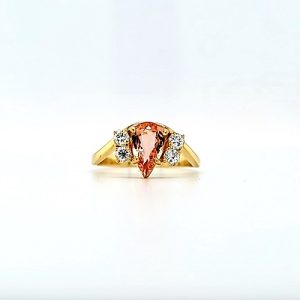 18K Yellow Gold .87CT Pear Cut Natural Orange Sapphire & 4 Diamond Ring