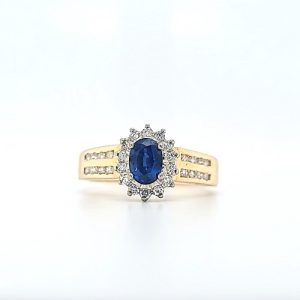 14K Yellow Gold Oval Sapphire Centre, 14 Diamond Halo & 16 Channel Set Diamond Shoulder Ring (.45TDW)