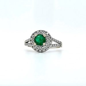 14K White Gold .48CT Round Emerald Centre, 60 Diamond Halo Ring