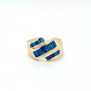 14K Yellow Gold 3 Layer Lab Created Opal Inlay Signet Style Ring