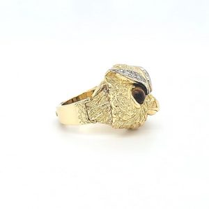 Custom 18K Yellow Gold Owls Head Ring w/ Tigers Eye, 12 Diamonds & Arthritic Shank