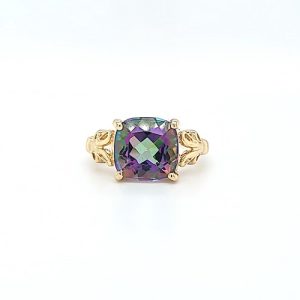 14K Yellow Gold 10mm Cushion Cut Mystic Topaz Solitaire Ring