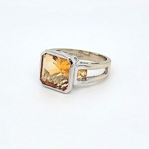 14K White Gold 10mm Square Citrine Centre & 2 Square Citrine Shoulder Ring