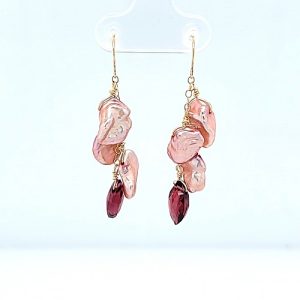 Pair of 14K Yellow Gold Dangle Style Earrings w/ 3 Pink Keshi Pearls & 1 Garnet