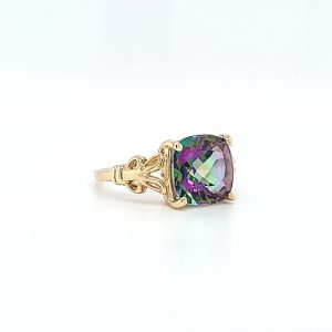 14K Yellow Gold 10mm Cushion Cut Mystic Topaz Solitaire Ring