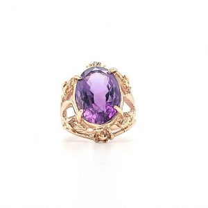 10K Rose Gold Oval Cut Amethyst Solitaire Floral Style Ring