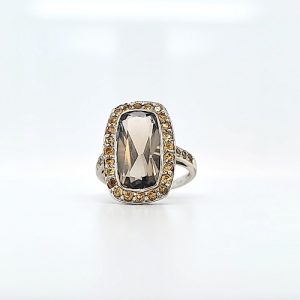 10K White Gold 15mm x 9mm Smokey Quartz Centre & Citrine Halo Ring