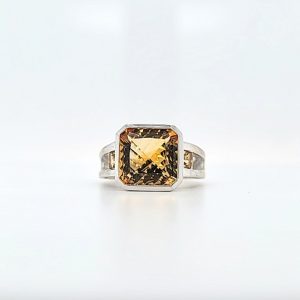 14K White Gold 10mm Square Citrine Centre & 2 Square Citrine Shoulder Ring