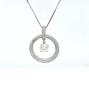 18K White Gold 279 Diamond Circular Pendant w/ 1.41CT Round Brilliant Cut Floating Diamond on 18″ 14K White Gold Box Link Chain