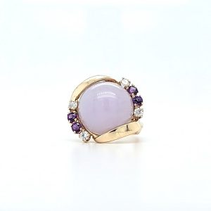 14K Yellow Gold Rose Quartz Cabochon Centre, 4 Diamonds & 4 Amethyst Ring