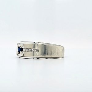 10K White Gold Signet Style Ring w/ Blue Sapphire & Channel Set Diamonds 