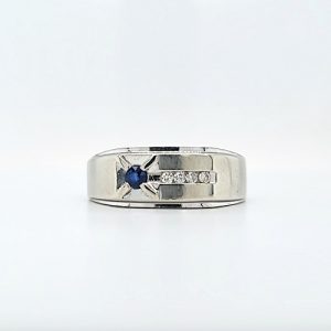 10K White Gold Signet Style Ring w/ Blue Sapphire & Channel Set Diamonds 