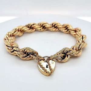 9K Yellow Gold 7.5″ Hollow Rope Link Bracelet w/ Heart Lock Clasp