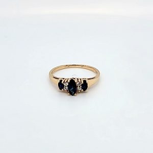 14K Yellow Gold Ring w/ 3 Marquise Cut Blue Sapphires & 4 Diamond Accents