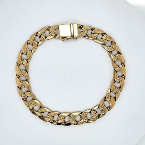 10K Yellow Gold 9″ Textured Open Curb Link Bracelet w/ Flat Tab Clasp