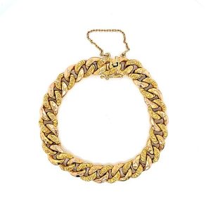 18K Yellow Gold 7″ Hollow Textured Open Curb Link Bracelet w/ Safety Chain