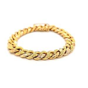 18K Yellow Gold 7″ Hollow Textured Open Curb Link Bracelet w/ Safety Chain
