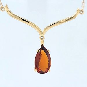 18K Yellow Gold Stylized 17″ Dangle “V” Shape Necklace w/ 3.00CT Pear Cut Madeira Citrine
