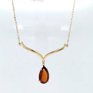 18K Yellow Gold Stylized 17″ Dangle “V” Shape Necklace w/ 3.00CT Pear Cut Madeira Citrine