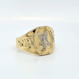 10K Yellow & White Gold Diamond Cut Eagle Signet Style Ring