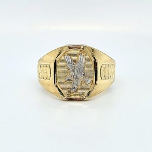 10K Yellow & White Gold Diamond Cut Eagle Signet Style Ring