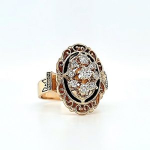 Vintage Oval 14K Yellow Gold 9 RBC Diamonds & Enamel Accented Ring