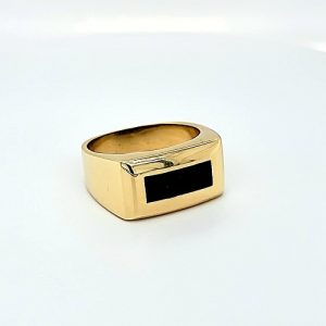 18K Yellow Gold Black Coral Inlay Signet Style Ring