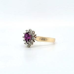 14K Yellow Gold Pear Shaped Pink Sapphire & 12 RBC Diamond Accent Halo Ring