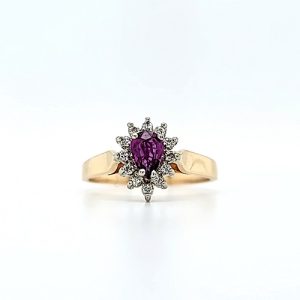 14K Yellow Gold Pear Shaped Pink Sapphire & 12 RBC Diamond Accent Halo Ring