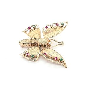 Articulated 14K Yellow Gold Diamond, Emerald, & Ruby Butterfly Brooch Pin