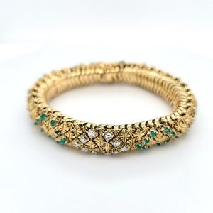 18K Yellow Gold 6.75″ Articulated Bracelet w/ Emeralds & Diamonds