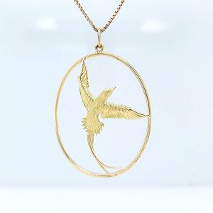 18K Yellow Gold 48mm Long Tailed Bird Oval Pendant