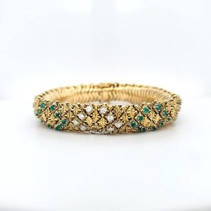 18K Yellow Gold 6.75″ Articulated Bracelet w/ Emeralds & Diamonds