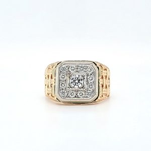 10K Yellow & White Gold Squared Signet Ring w/ 14 Diamonds 0.63CT TDW
