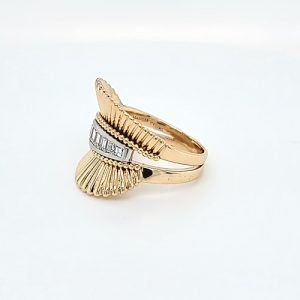 Birks 14K Yellow Gold + Platinum Rippled Fan Design Ring w/ 5 Baguette Cut & 4 Square Cut Diamonds