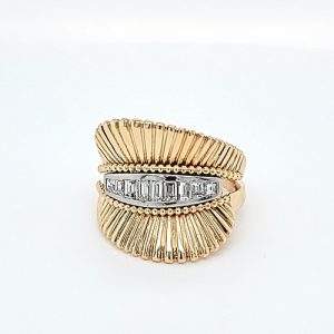 Birks 14K Yellow Gold + Platinum Rippled Fan Design Ring w/ 5 Baguette Cut & 4 Square Cut Diamonds
