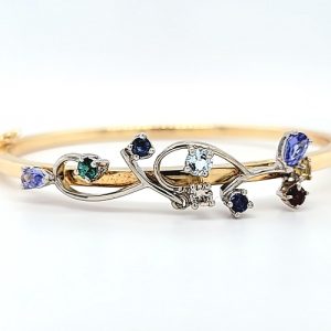 18K Yellow Gold Multi Gemstone & Diamond 7″ Hinged Bangle