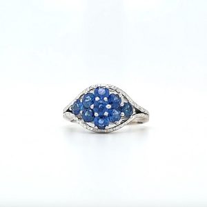 18K White Gold 9 Blue Sapphire Cluster Ring 1.80CT TGW