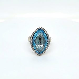 14K White Gold Ring w/ 12.56CT Marquise Cut Blue Topaz Centre & Diamond Halo 