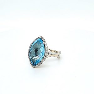 14K White Gold Ring w/ 12.56CT Marquise Cut Blue Topaz Centre & Diamond Halo 