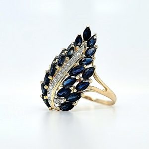 14K Yellow Gold Ring w/ 22 Marquise Cut Sapphires & 9 Diamonds