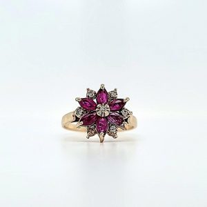 10K Yellow Gold Flower Ring w/ 6 Marquise Cut Rubies & 7 Diamond Accents