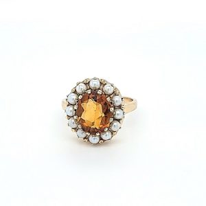 14K Yellow Gold Oval Citrine & 12 Pearl Cluster Ring