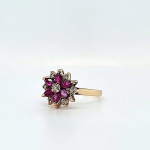 10K Yellow Gold Flower Ring w/ 6 Marquise Cut Rubies & 7 Diamond Accents