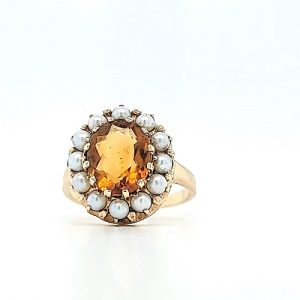 14K Yellow Gold Oval Citrine & 12 Pearl Cluster Ring