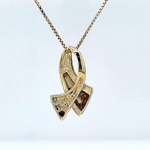 14K Yellow Gold Ribbon Pendant w/ Quartz, Gold Matrix Inlay & 5 RBC Diamonds